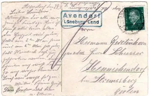 DR 1930, Landpost Stpl. AVENDORF Lüneburg Land auf Karte m. 6 Pf. 