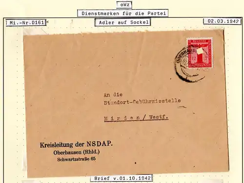 DR 1942, 12 Pf. Dienst auf Brief der NSPAP Kreisleitung Oberhausen
