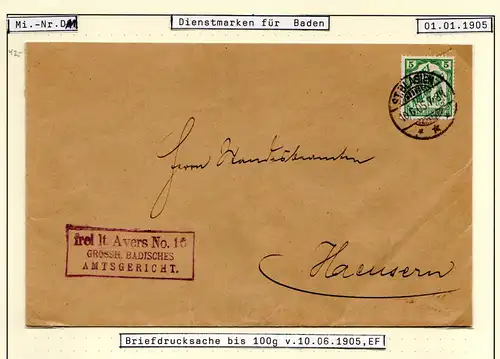 DR 1905, 5 Pf. Zähldienstmarke auf Frei lt. Avers No. 16 Brief v. St. Blasien.