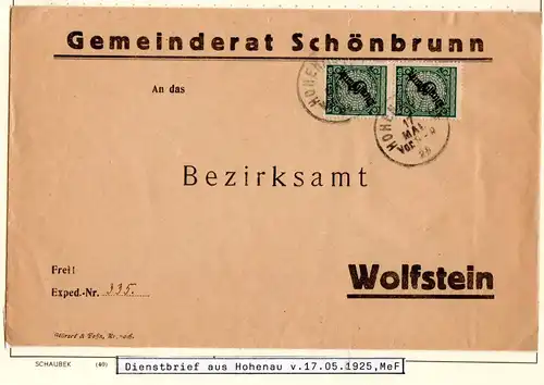 DR 1925, 2x5 Pf. Dienst auf Gemeinderat Schönbrunn Brief v. K1 Hohenau