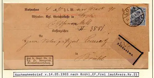 DR 1903, 20 Pf. Zähldienstmarke auf Frei lt. Avers No.21 Nachnahme Brief v. Köln
