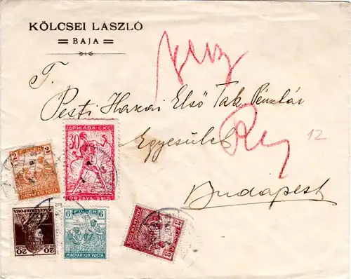 Ungarn/Jugoslawien 1920, Mischfrankatur m. 30 Vin Slowenien auf Brief v. Baja