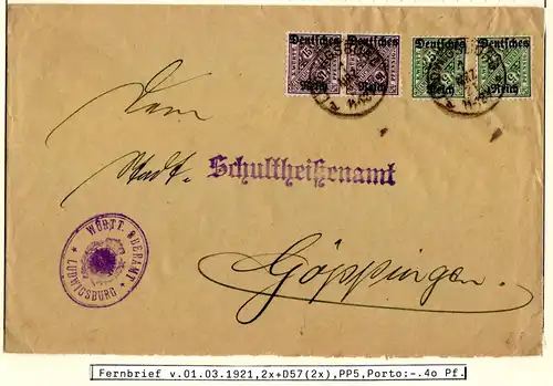DR 1921, je 2x 5+15 Pf. Dienst auf Württemberg Oberamt Brief v. Ludwigsburg