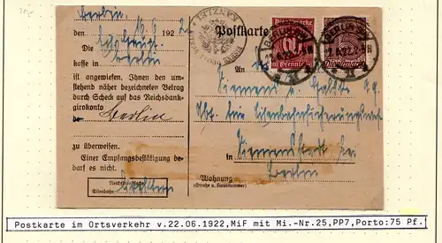 DR 1922, 15+60 Pf. Dienst (D 66 b) auf Reichsbank-Karte v. Berlin. Geprüft