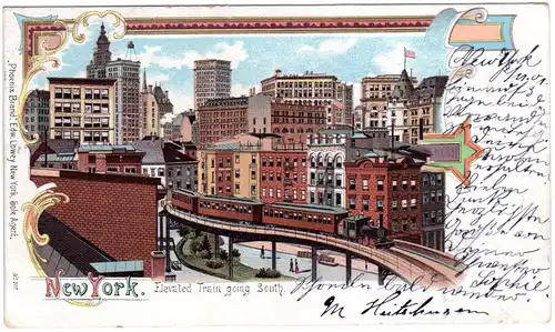 USA, New York with elevated train, beautiful 1901 used Litho-card