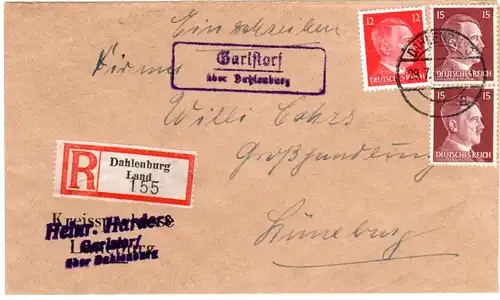 DR 1944, Landpost Stpl. Garlstorf über Dahlenburg auf Reko- Brief m. 12+2x15 Pf.