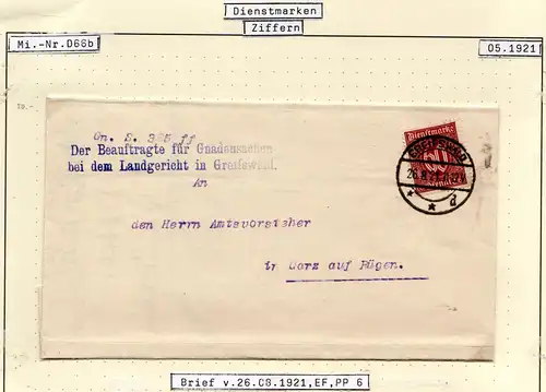 DR 1921, EF 60 Pf. Dienst (D 66 b) auf Brief. v. Greifswald. Geprüft