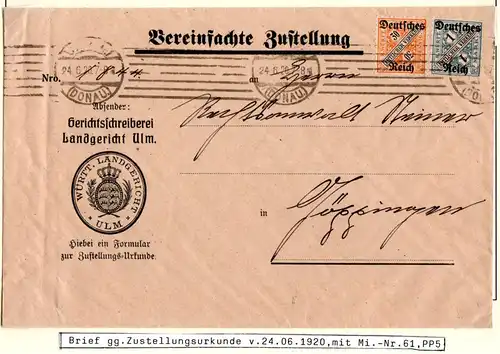 DR 1920, 30 Pf.+1 Mk. Dienst auf Zustellungsurkunde Brief v. Ulm n. Göppingen