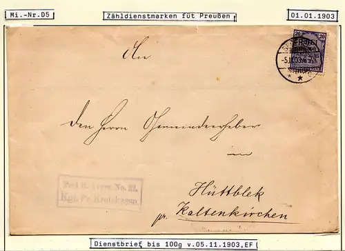 DR 1903, 20 Pf. Zähldienstmarke auf Frei lt. Avers No. 21 Brief v. Segeberg