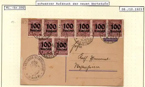 DR 1923, MeF 8x100 T. Mk. Dienst auf Karte des Stadtpfarramt Geislingen