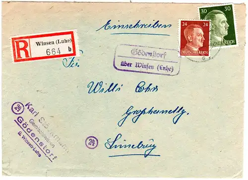 DR 1944, Landpost Stpl. Gödenstorf über Winsen auf Reko- Brief m. 24+30 Pf.