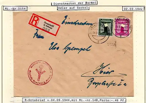 DR 1944, 6+40 Pf. Dienst auf Einschreiben Orts-Brief v. Neustadt (b. Coburg)