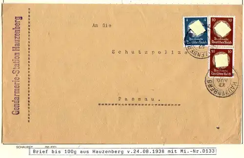 DR 1937, 4+2x10 Pf. Dienst auf Gendarmerie Brief v. Hauzenberg.