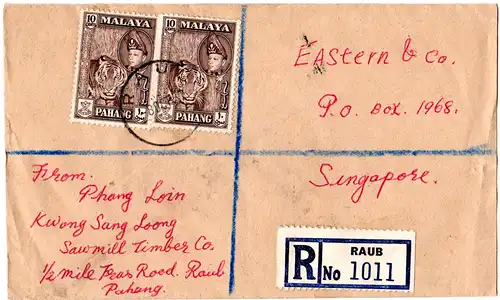 Malaya 1957, 3x 10 C. tiger on front and backside of registered cover from Raub