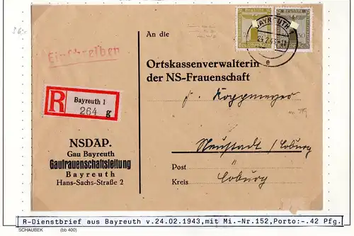 DR 1943, 24+30 Pf. Dienst auf Einschreiben Brief der NSDAP Gaufrauen Bayreuth