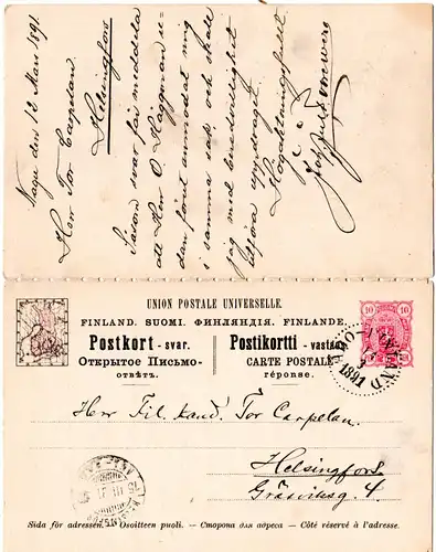Finnland 1891, 10+10 P. Doppelkarte, beide Teile zusammenhängend gebraucht.