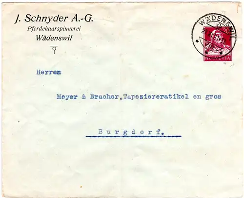Schweiz 1921, 20 C. Pferdehaarspinnerei Privatganzsachenumschlag v. Wädenswil