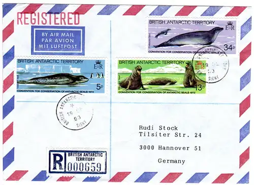 British Antarctic Territory 1983, 3 Werte Robben auf Einschreiben Brief 