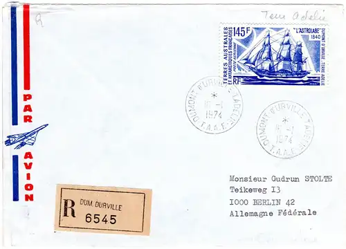 Französ. Antarktis 1974, 145 F. "L´Astrolabe" auf R-Brief v. Dumont D´Urville.