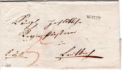 Württemberg 1837, L1 WANGEN auf Porto Brief n. Leutkirch