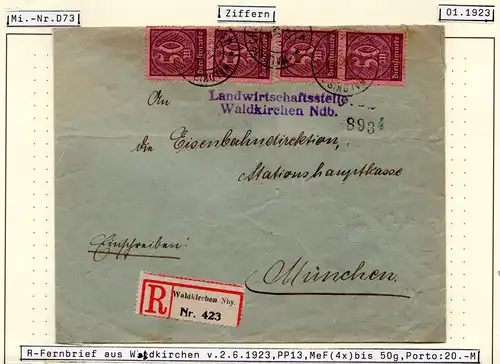 DR 1923, MeF 4x50 Mk. Dienst auf Einschreiben Brief v. Waldkirchen