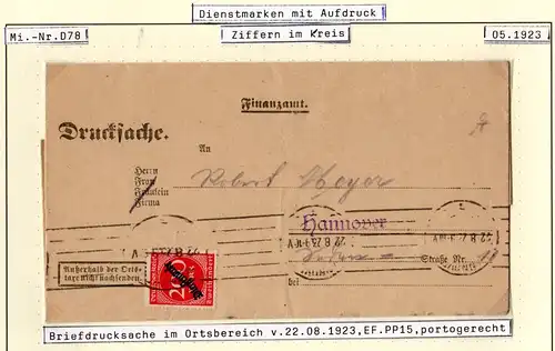 DR 1923, EF 200 Mk. Dienst auf Orts-Drucksache des Finanzamt Hannover