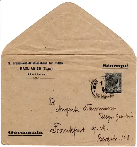 Italien 1921, 15 C. auf Indien Mission Drucksachenumschlag v. Maslianico (Como)