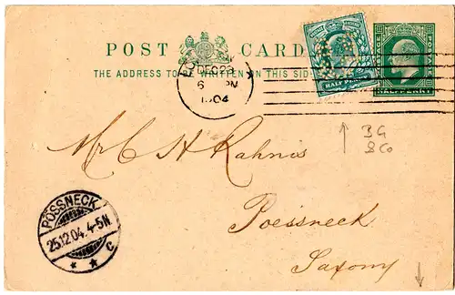 GB 1904, 1/2d with perfin on 1/2d stationery card from London to Germany
