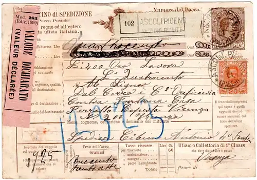 Italien 1901, 20 C. auf 60 C. Valore Paketkarte Ganzsache v. Ascoli Piceno. 