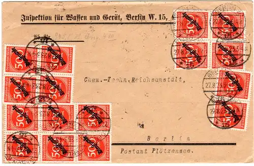DR 1923, MeF 16x500 Mk. Dienst auf Orts-Brief v. Berlin