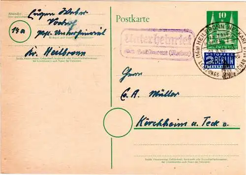 1950, Landpoststempel UNTERHEINRIET über Heilbronn auf 10 Pf. Ganzsache.