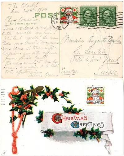 USA 1914, Weihnachten Red Cross Christmas seal 2x on postcard from Charleston