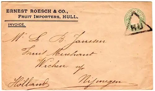 GB, gebr. 1/2d Ganzsachenumschlag m. Fruit Importers Zudruck v. Hull n. Holland