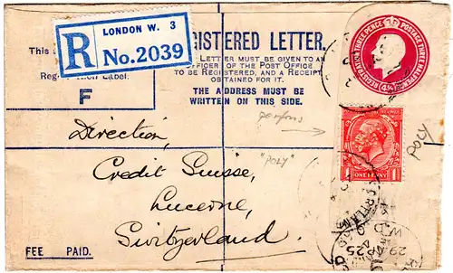 GB 1926, 1 d m. perfin auf eingeschriebenem 3 1/2+3d Reko-Ganzsachenumschlag 