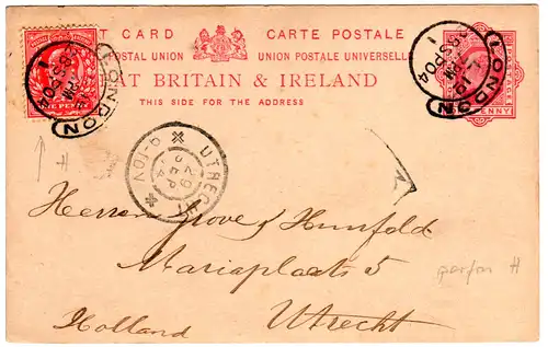 GB 1902, 1 d m. perfin auf 1d Late Fee Ganzsachekarte v. London n. Holland