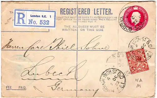 GB 1922, 1 1/2d m. perfin auf eingeschriebenem 3 1/2+3d Reko-Ganzsachenumschlag