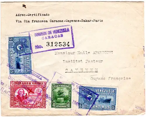 Venezuela 1949, 4 Marken auf Luftpost Einschreiben Brief n. Französisch Guyana