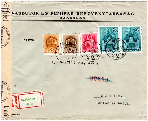 Ungarn 1942, 5 Marken auf Einschreiben Zensur Brief v. Szabadka n. Cilli