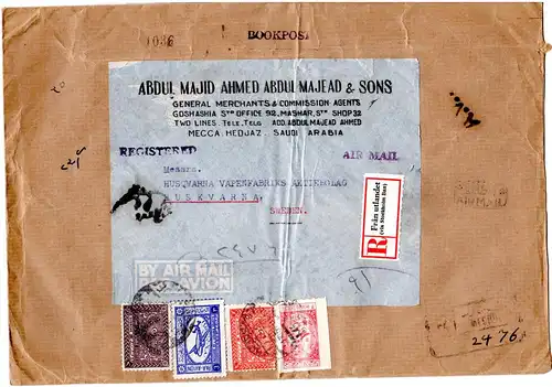 Saudi Arabia 1950, 4 stamps on registered AV2 Air Mail Bookpost letter to Sweden