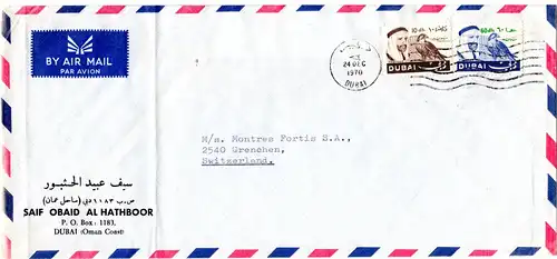 Dubai 1970, 10+60 Dh. Falke auf Firmen Luftpost Brief i.d. Schweiz