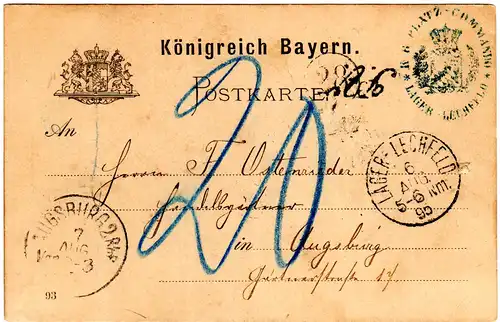 Bayern 1895, Porto-L1 "P.V." auf Militärkarte v. Lager-Lechfeld n. Augsburg.