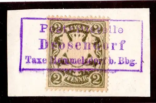 Bayern, Postablage DROSENDORF Taxe Memmelsdorf klar auf Briefstück m. 2 Pf.