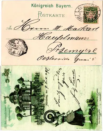 Nürnberg, XII. Bundesschiessen 1897, Gabentempel, mit Sonderstpl. gebr. Litho-AK