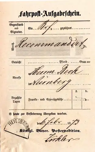 Bayern 1872, HKS HEILSBRONN (ohne Datum!) klar auf Postschein