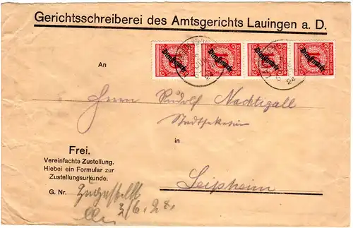 DR 1924, MeF 4x10 Pf. Dienst auf Zustellungsurkunde Brief v. Lauingen