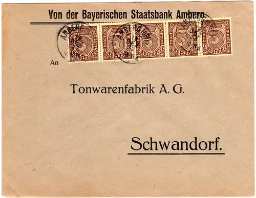 DR 1922, MeF 5er-Streifen 5 Mk. Dienst auf Staatsbank Brief v. Amberg.