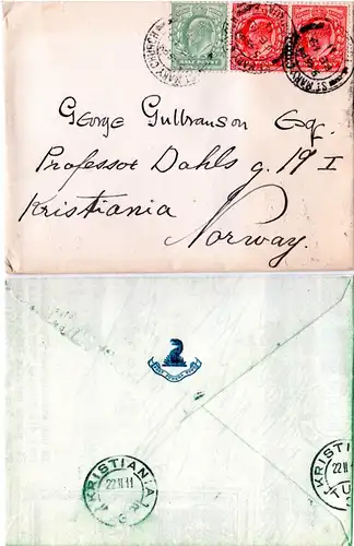 GB 1911, 1/2+2x1d auf Brief m. rücks. Prägung v. St. Mary Church n. Norwegen