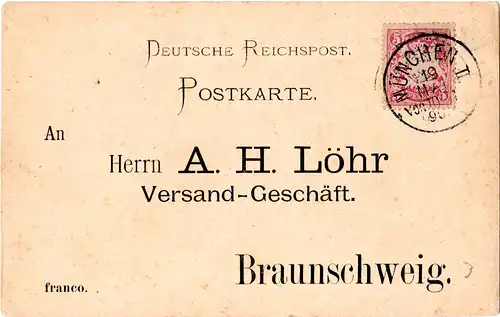Bayern 1890, 5 Pf. violett (55 Bb) auf Dt. Reichspost Postkarte v. München II