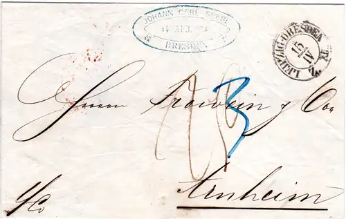 Sachsen 1863, Bahnpost-K2 Leipzig-Dresden auf Porto Brief i.d. NL