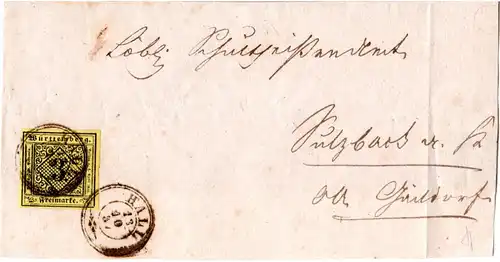 Württemberg 1857, breitrandige 3 Kr. gelb auf Briefteil m. K3 HALL. Geprüft.